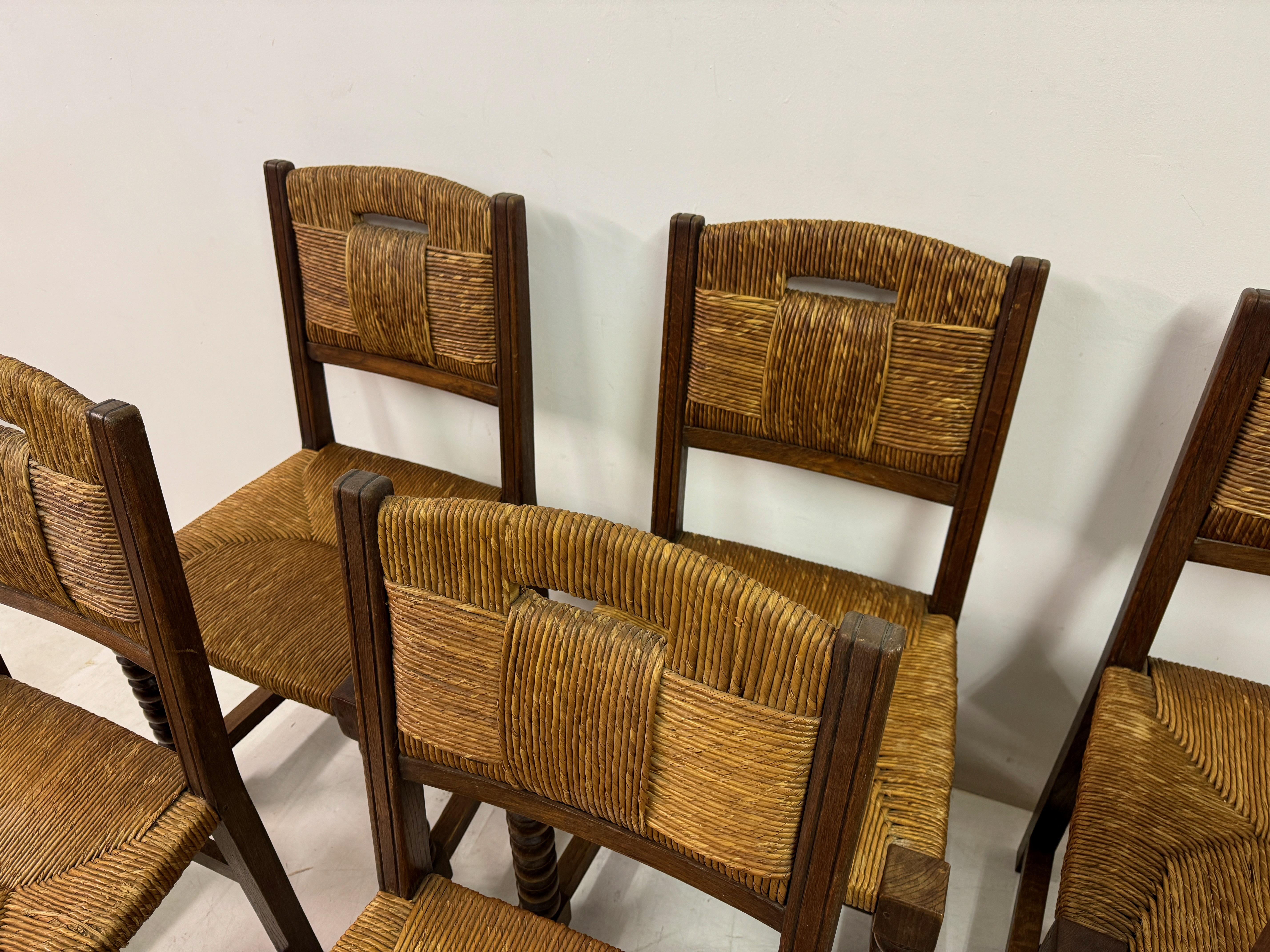 20th Century Set Of Six 1940s French Oak And Rush Dining Chairs For Sale