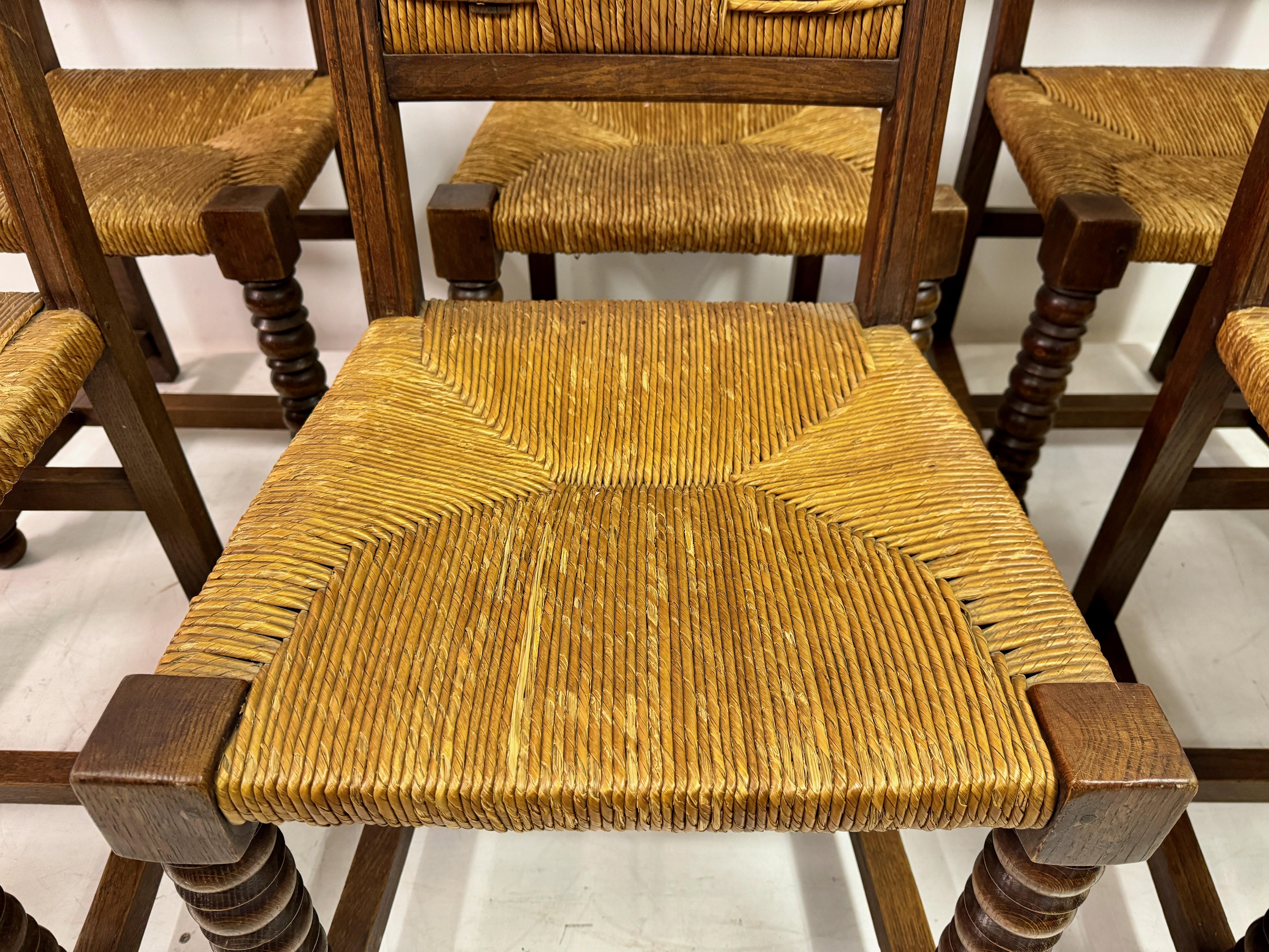 Set Of Six 1940s French Oak And Rush Dining Chairs For Sale 4
