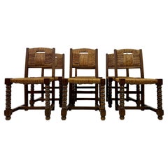 Antique Set Of Six 1940s French Oak And Rush Dining Chairs