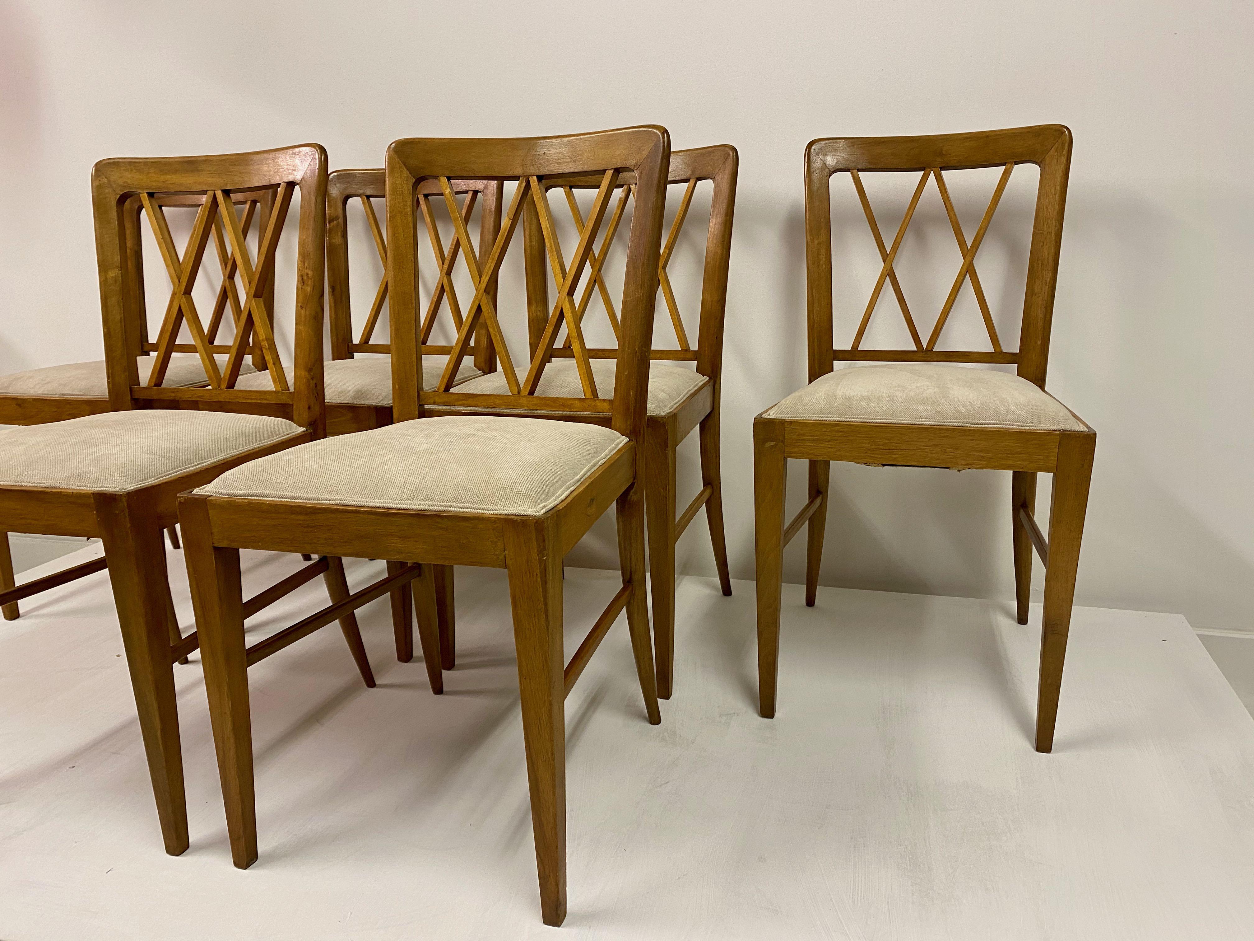 Fabric Set of Six 1940s Italian Dining Chairs Attributed to Paolo Buffa