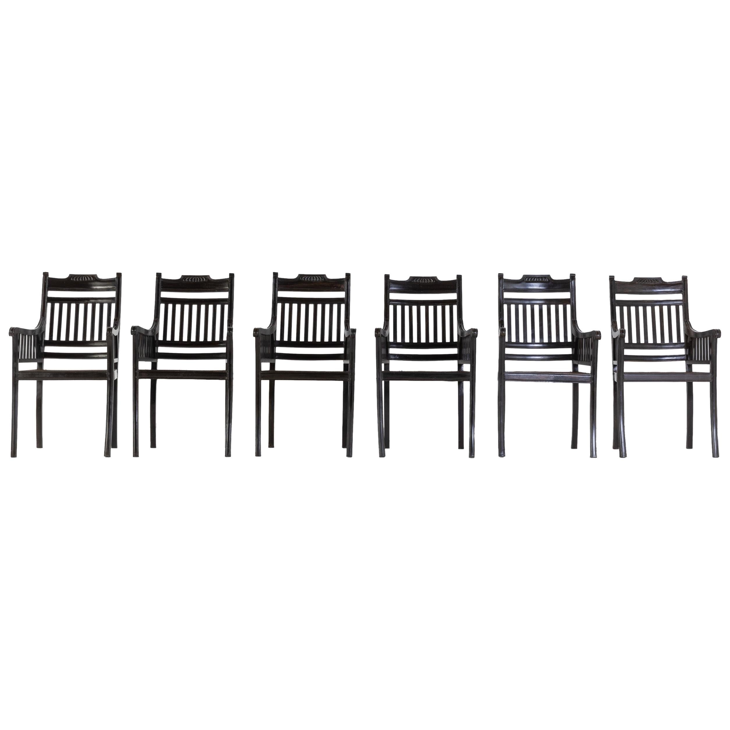 Set of Six 1940s Solid Ebony Chairs with Cane Seats
