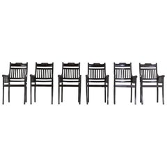 Set of Six 1940s Solid Ebony Chairs with Cane Seats