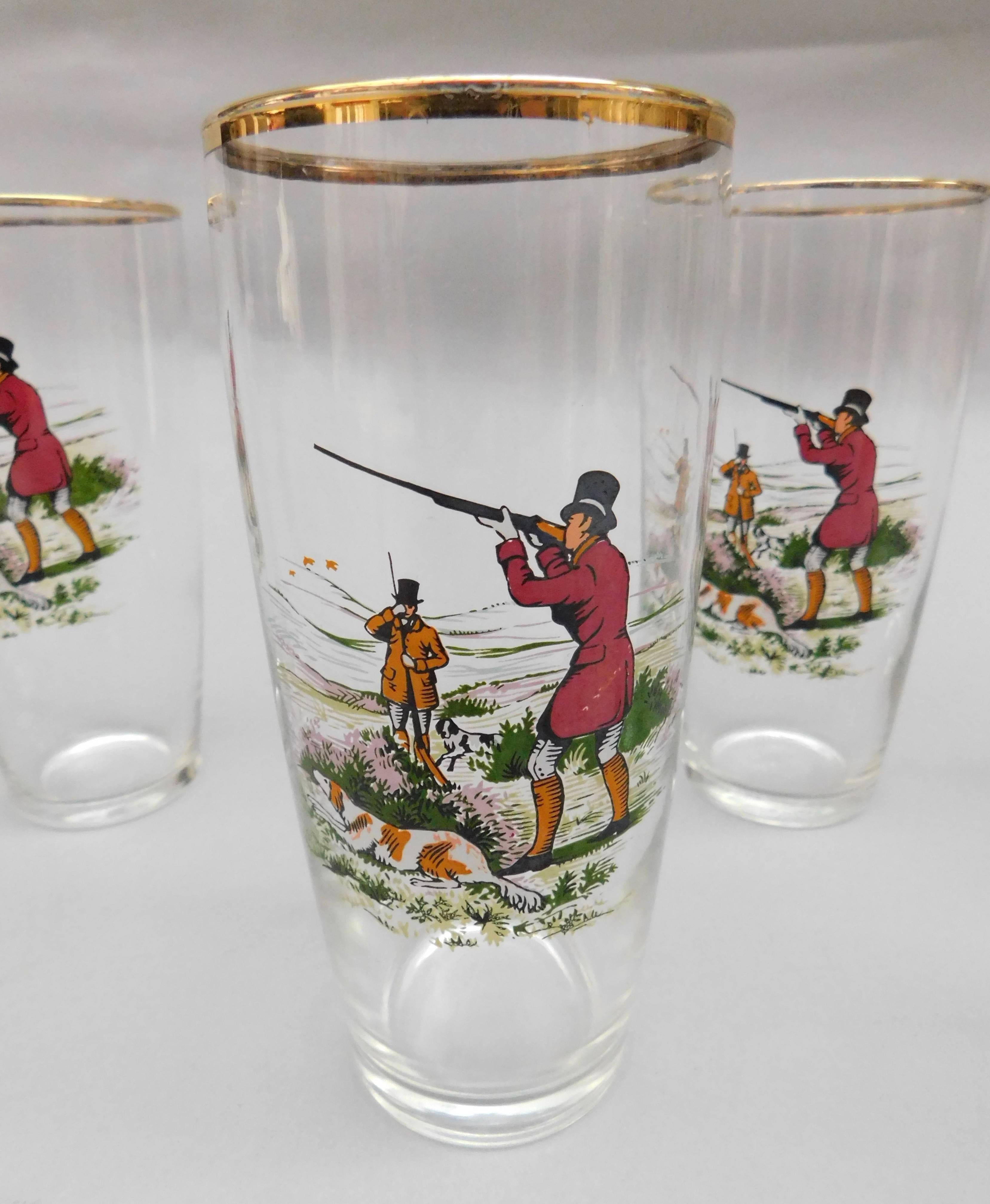 A set of six glasses with bird hunting scene in baked enamel. A perfect 