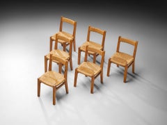 Set of Six 1950s French Rustic Dining Chairs in Solid Elm, Rush by Cabinetmaker