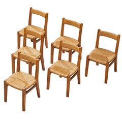 Set of Six 1950s French Rustic Dining Chairs in Solid Elm, Rush by Cabinetmaker