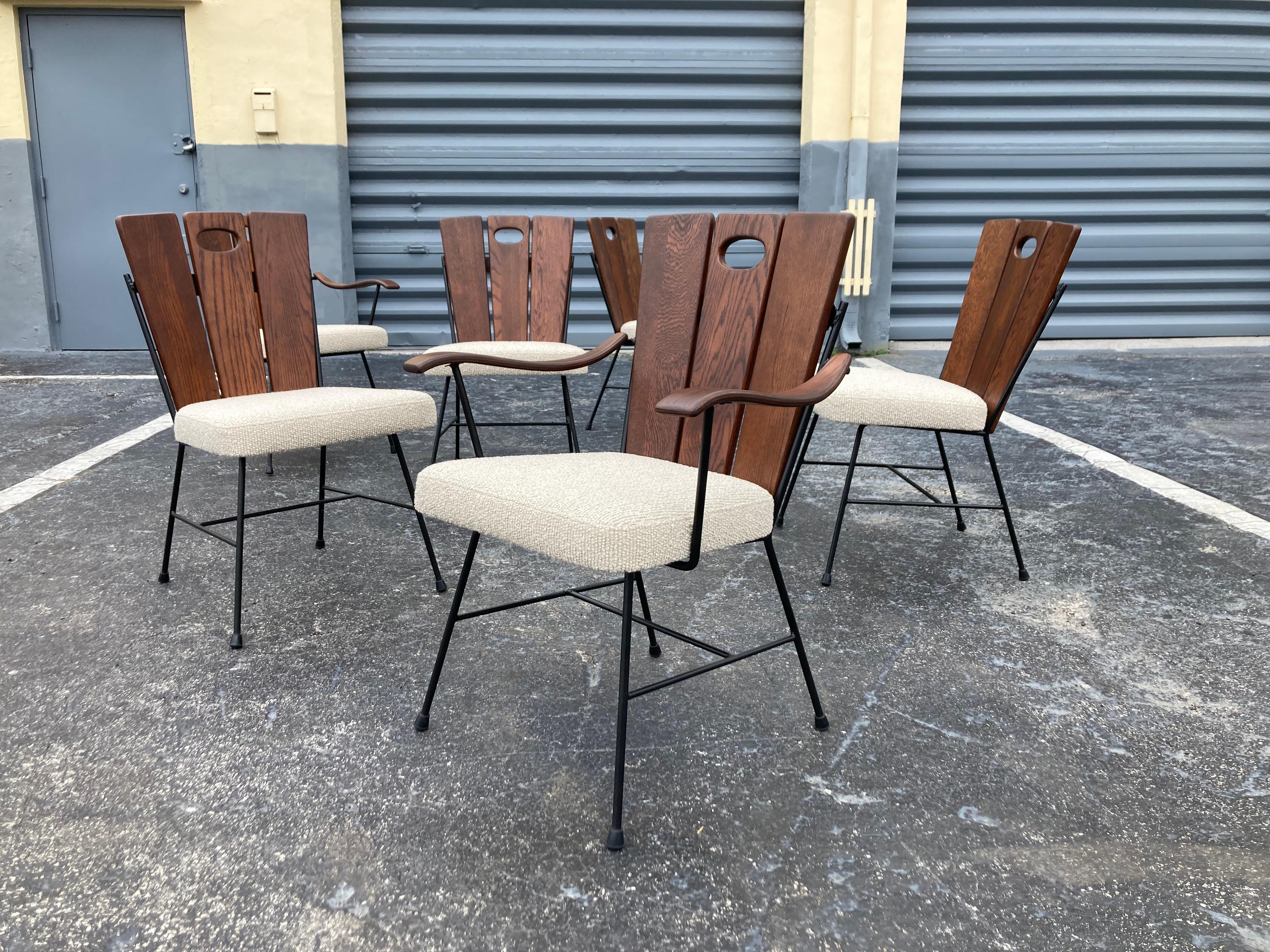 Mid-Century Modern Set of Six 1950s Iron and Oak Dining Chairs For Sale