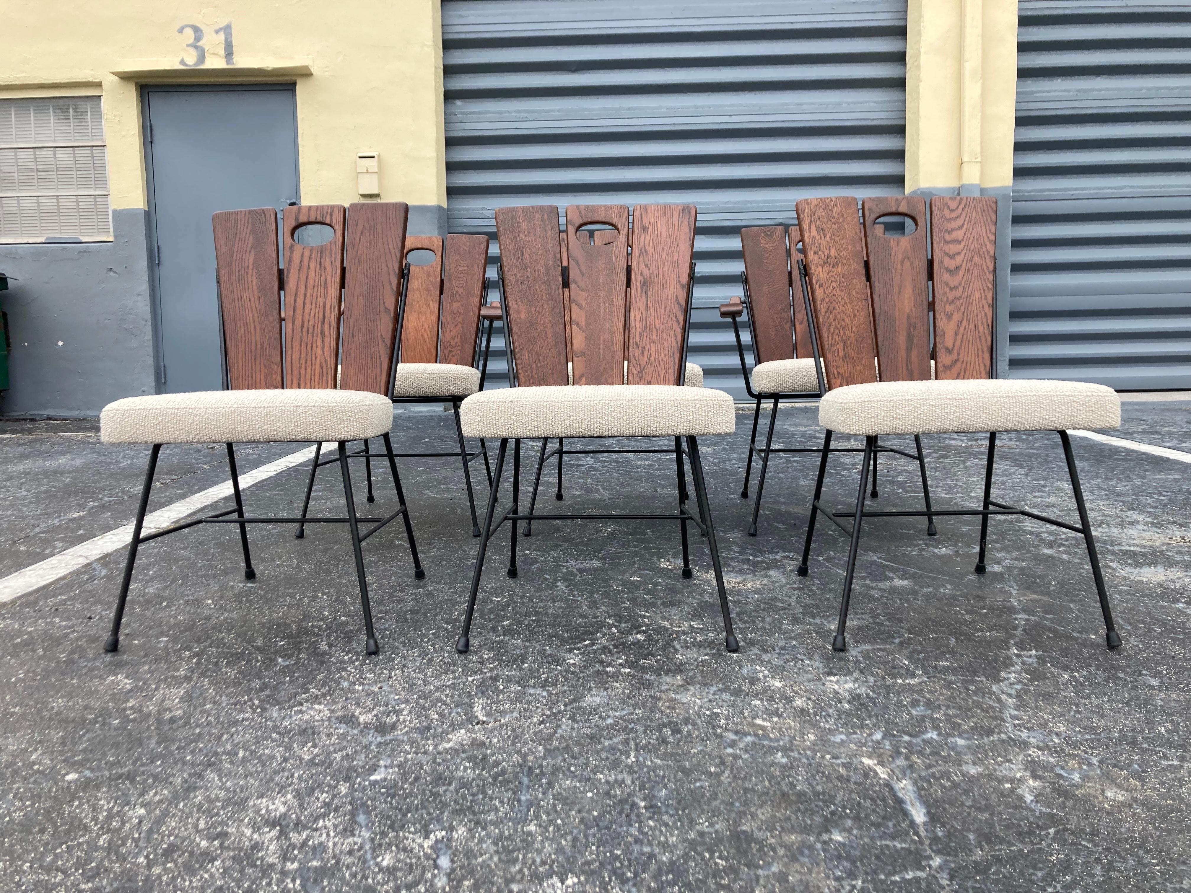 American Set of Six 1950s Iron and Oak Dining Chairs For Sale