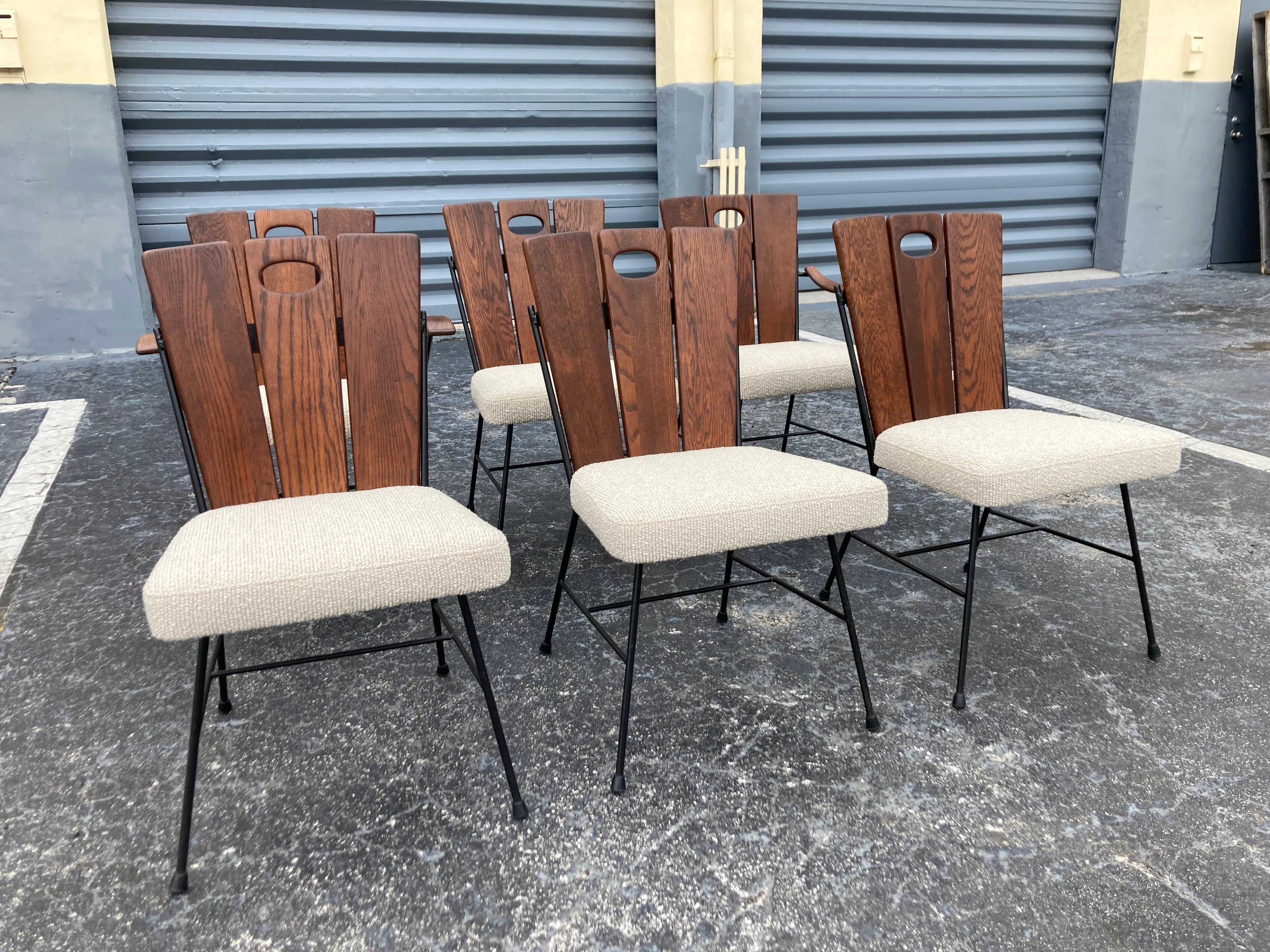 Set of Six 1950s Iron and Oak Dining Chairs In Good Condition For Sale In Miami, FL