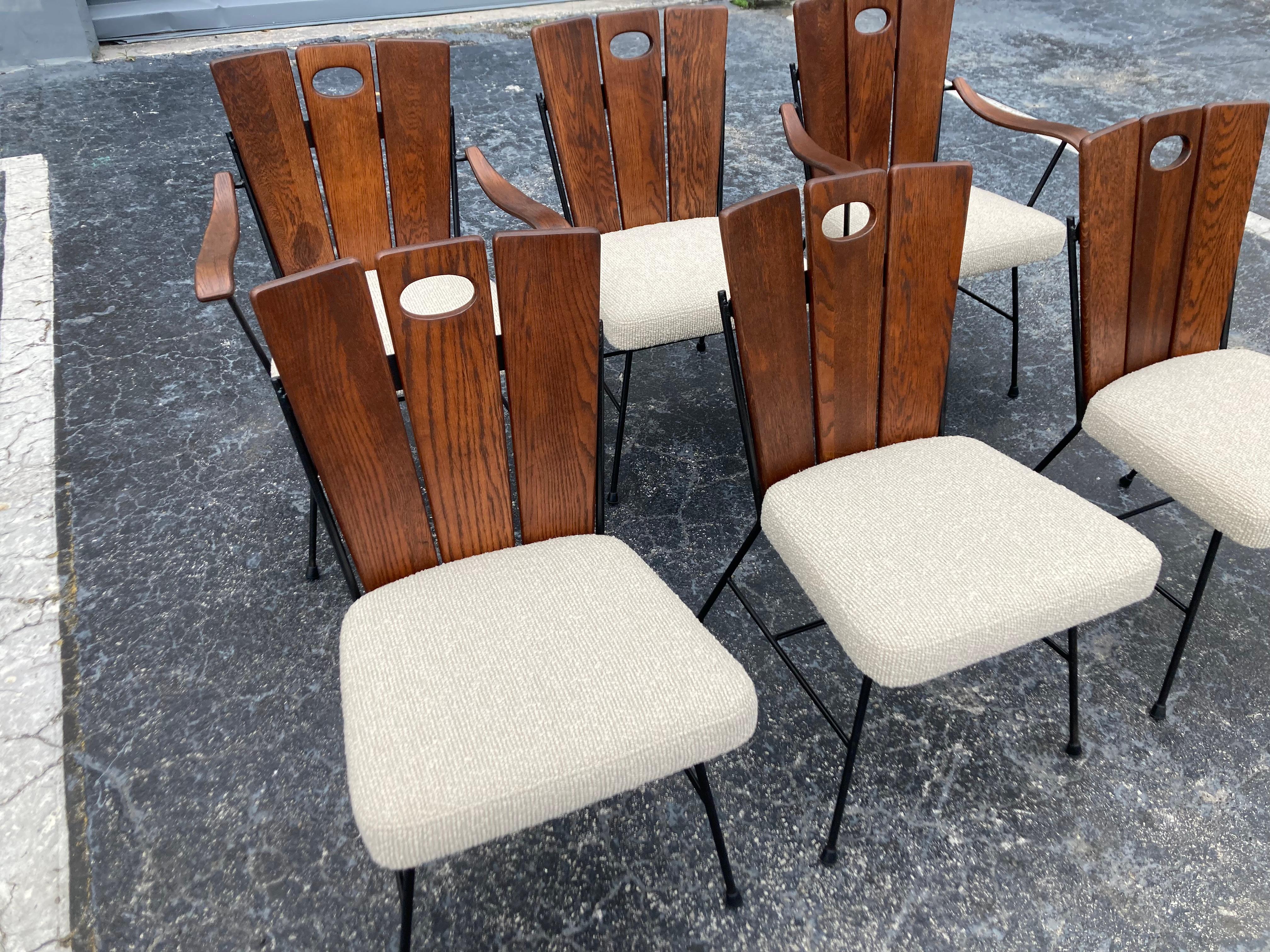 Mid-20th Century Set of Six 1950s Iron and Oak Dining Chairs For Sale