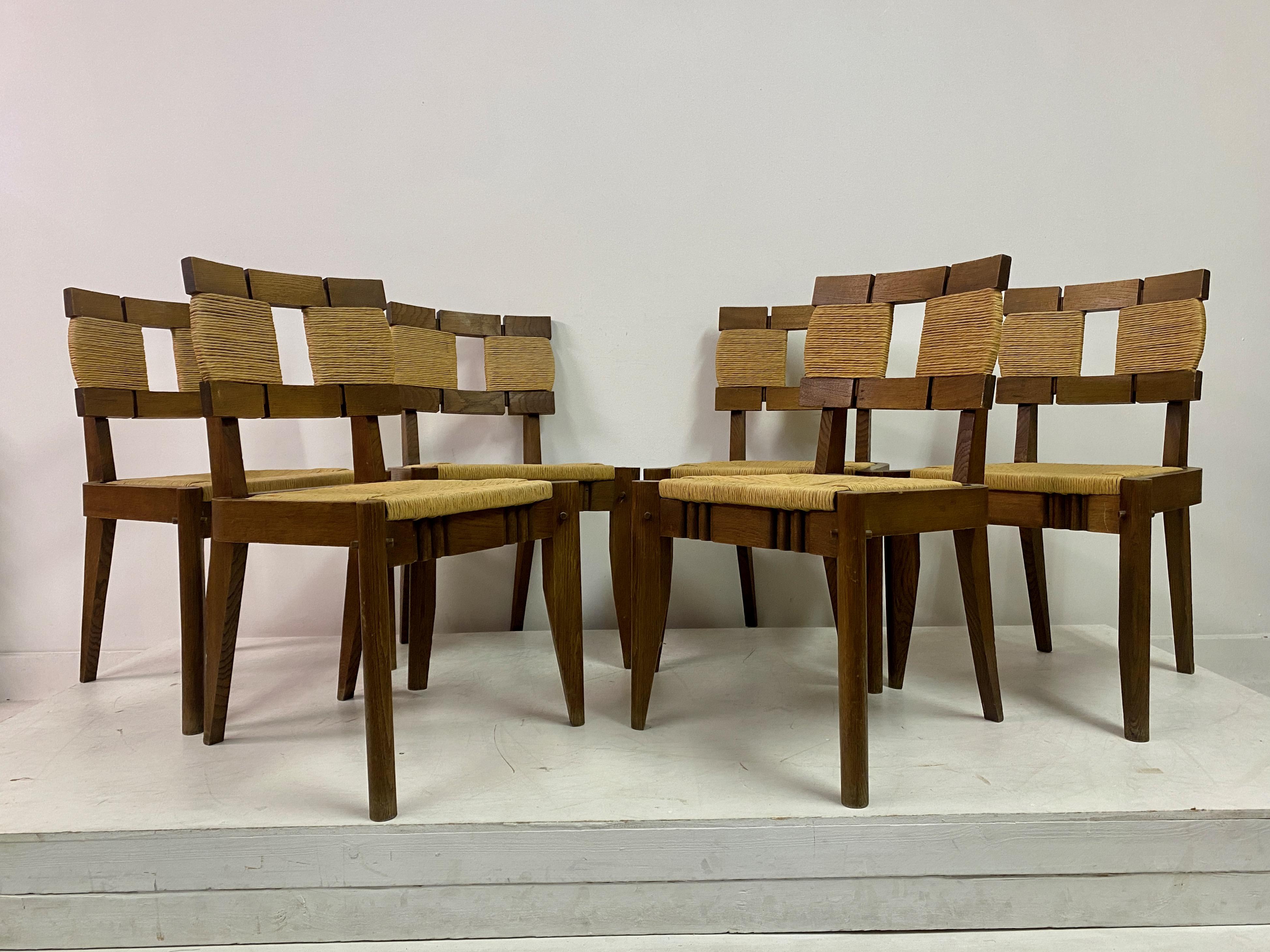 Set of Six 1950s Oak and Rush Dining Chairs  For Sale 4