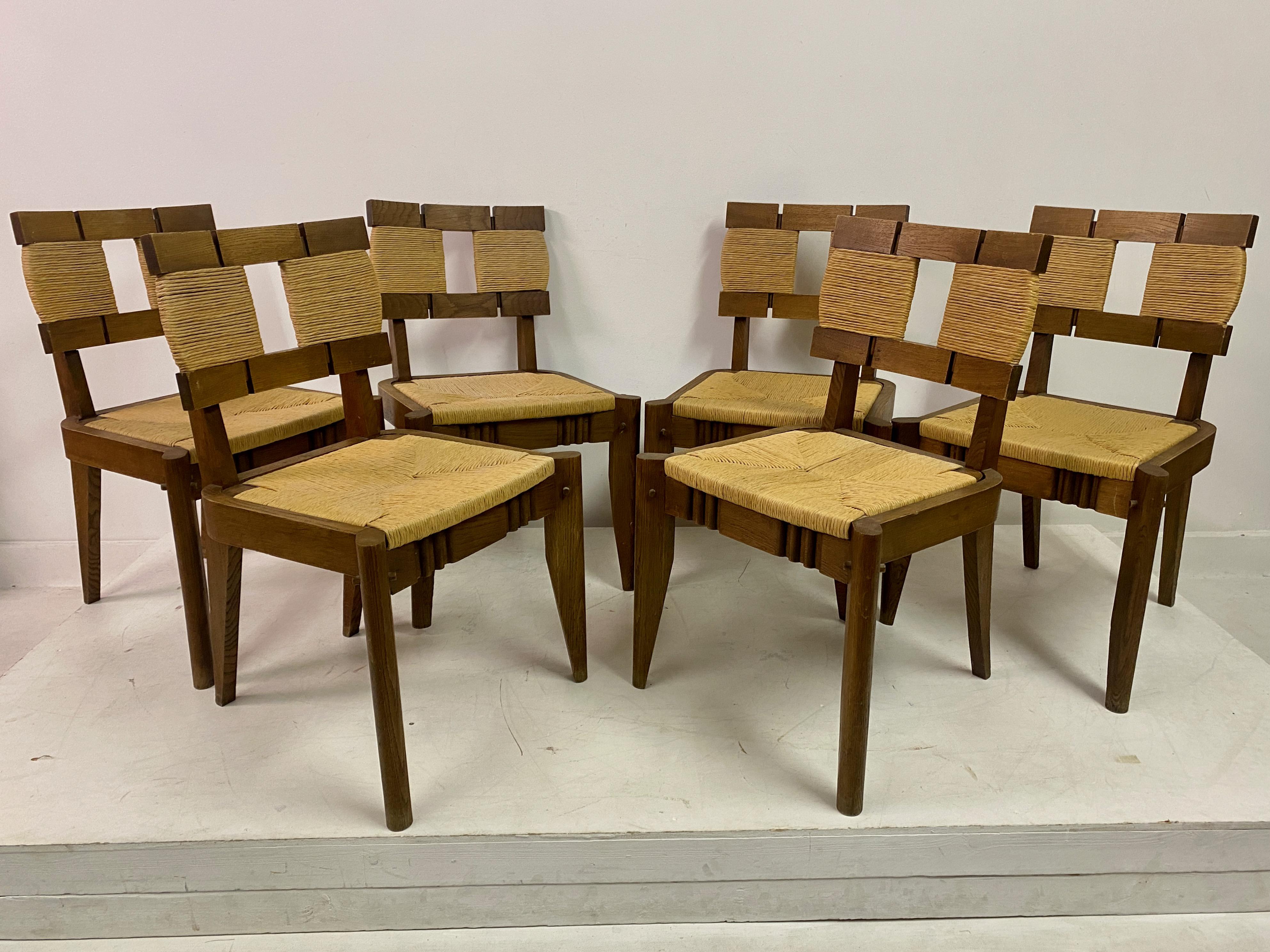 Set of Six 1950s Oak and Rush Dining Chairs  For Sale 5
