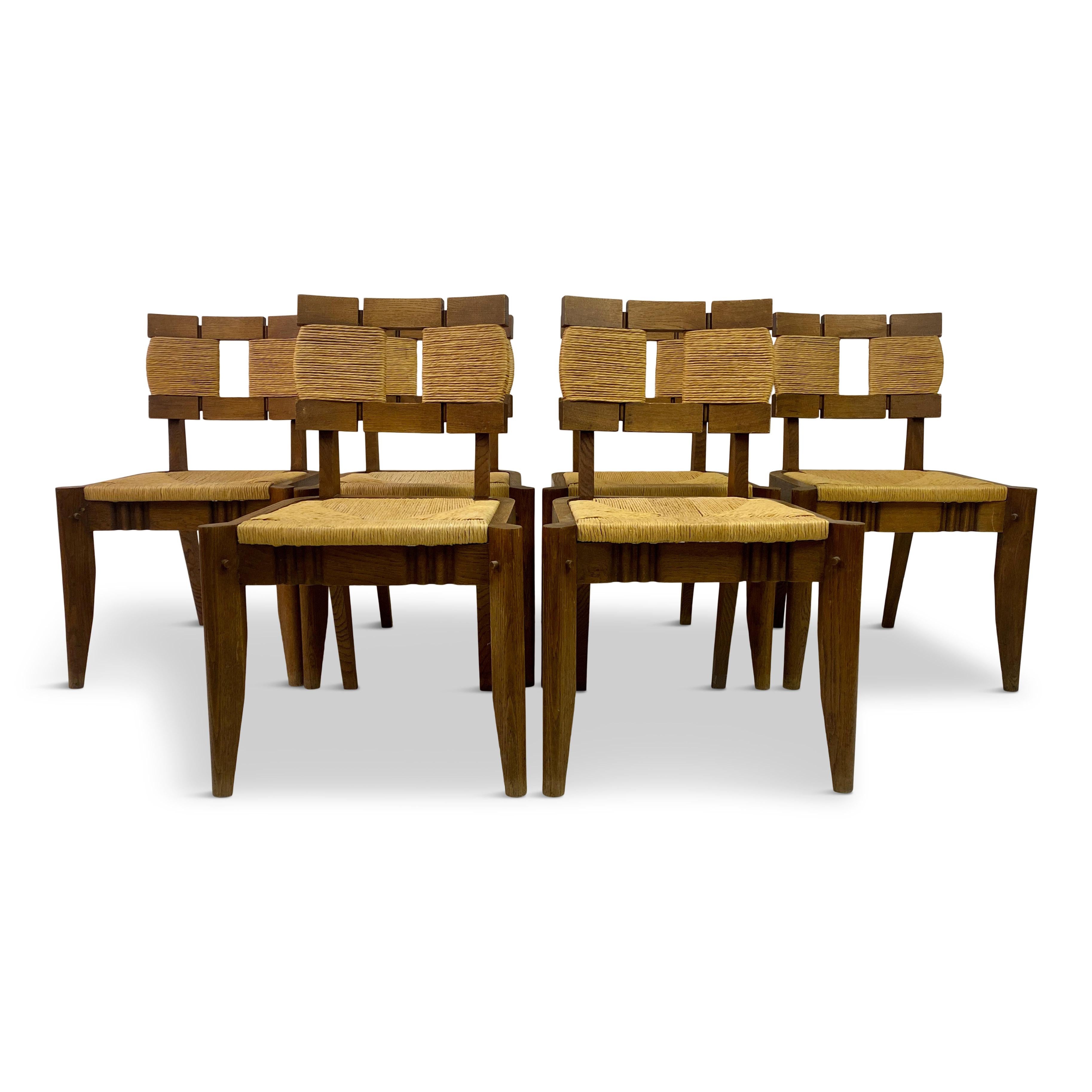 Set of Six 1950s Oak and Rush Dining Chairs  For Sale 14