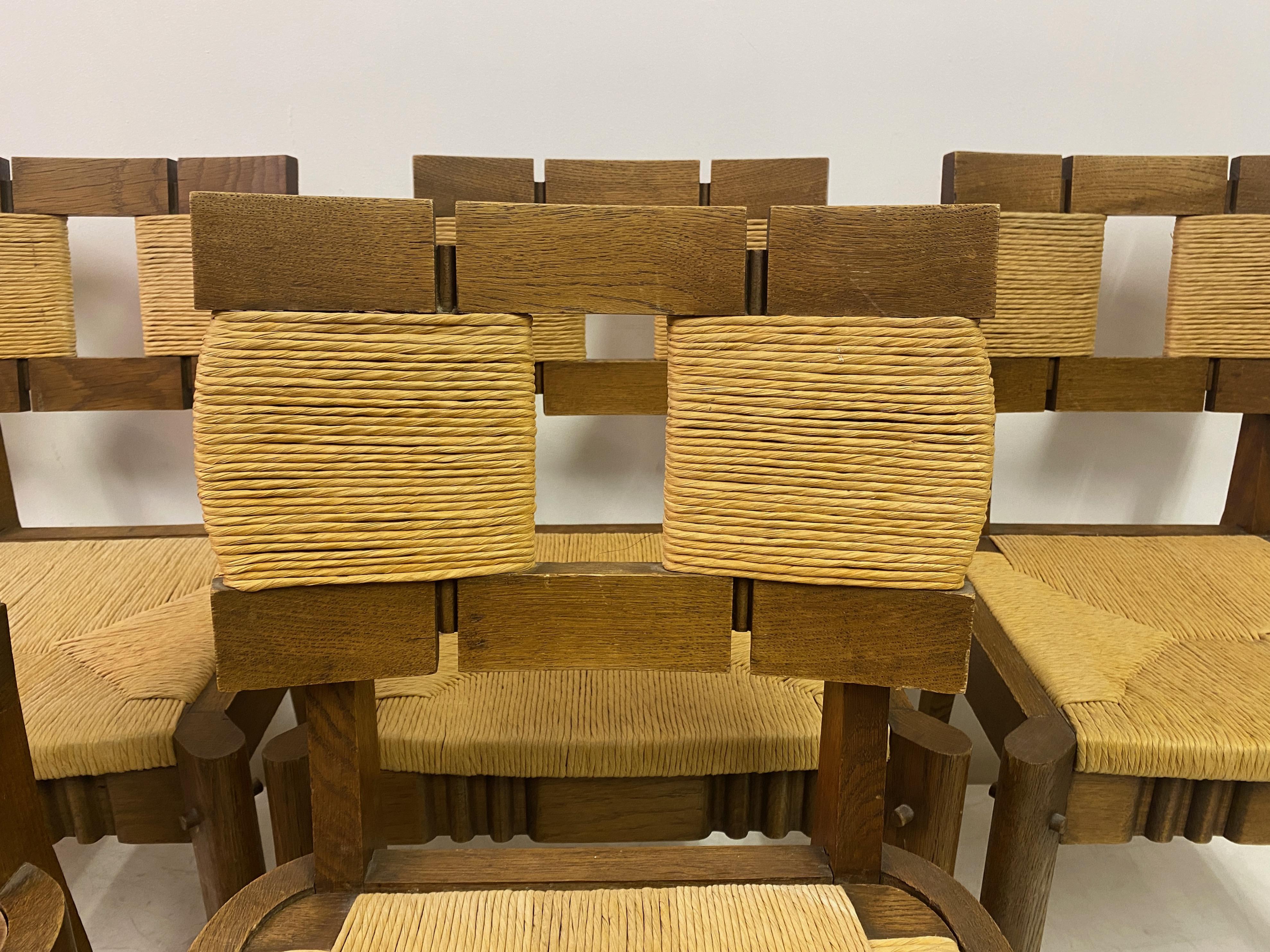 20th Century Set of Six 1950s Oak and Rush Dining Chairs  For Sale