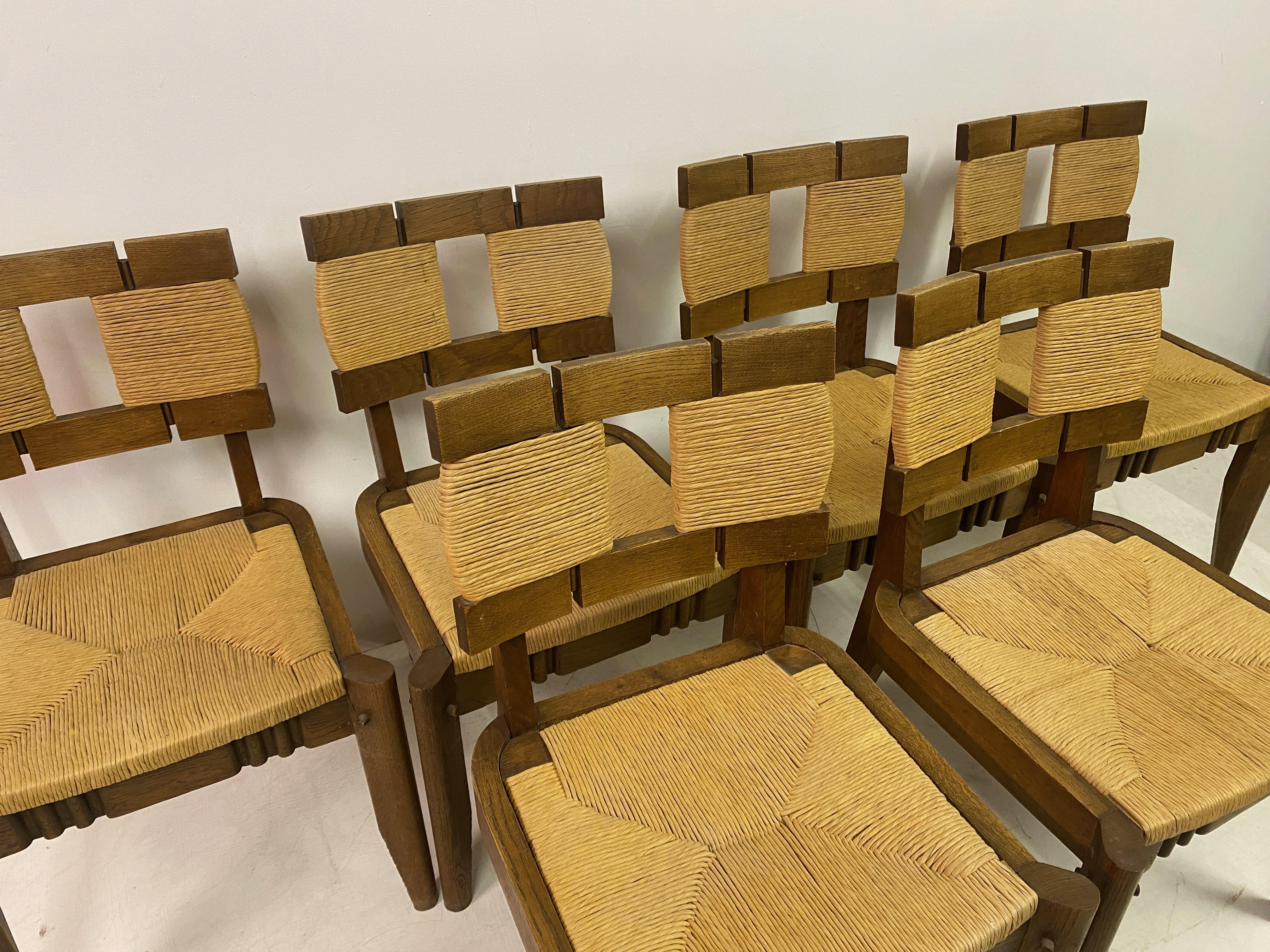 Set of Six 1950s Oak and Rush Dining Chairs  For Sale 3