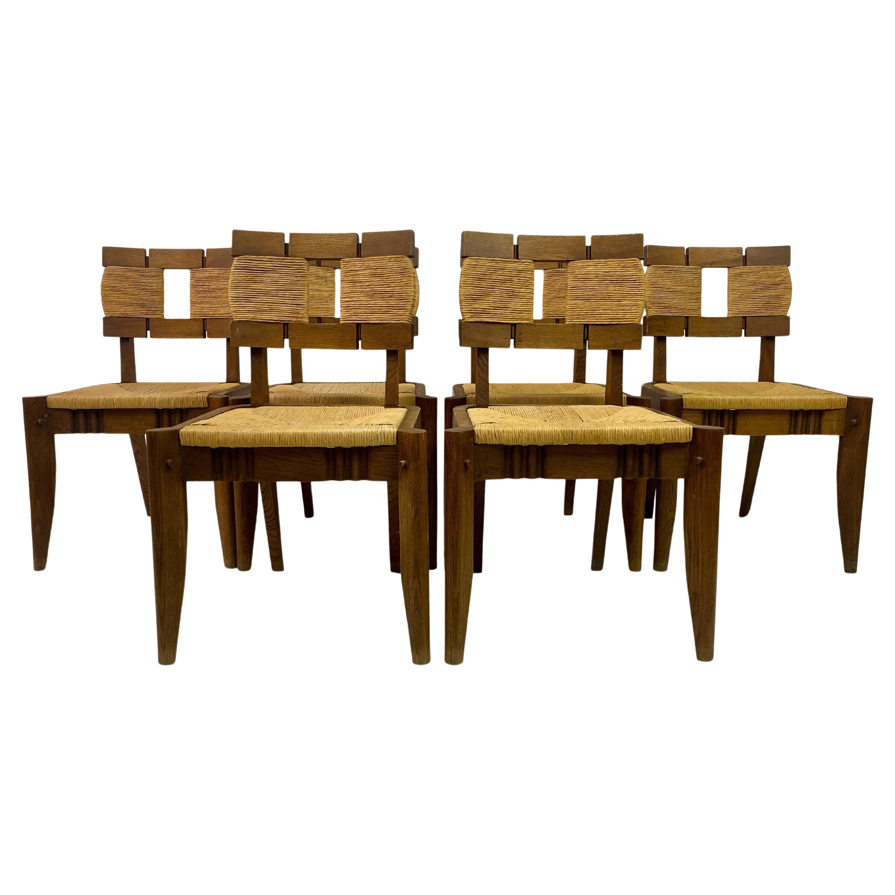 Set of Six 1950s Oak and Rush Dining Chairs  For Sale