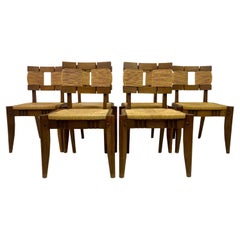 Vintage Set of Six 1950s Oak and Rush Dining Chairs 
