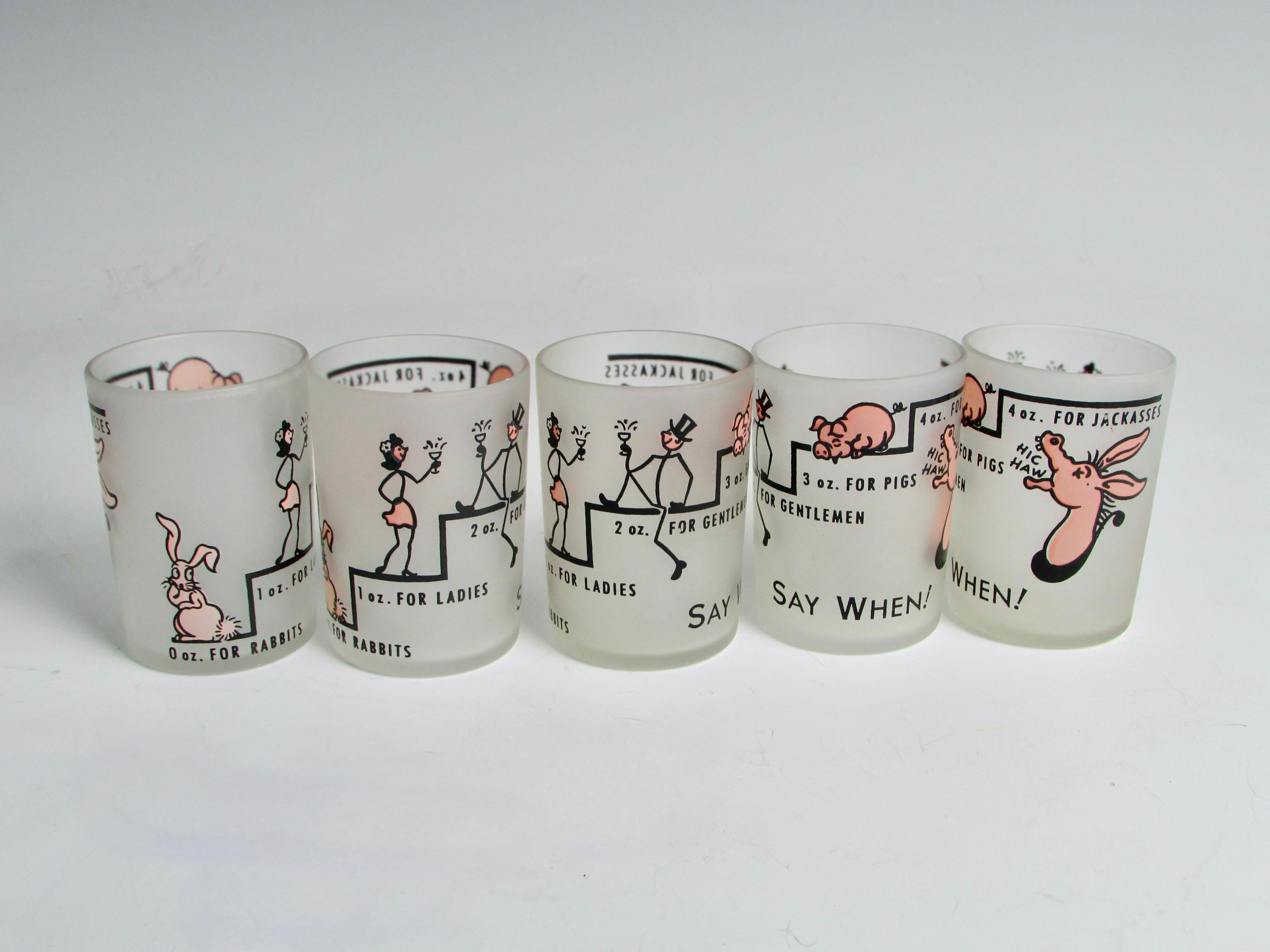 Fun graphics in pink and black on this set of six aperitif or shot glasses. Say When for 1 to 4 ounces of hooch. I believe made by Anchor Hocking glass with AH logo cast into base.