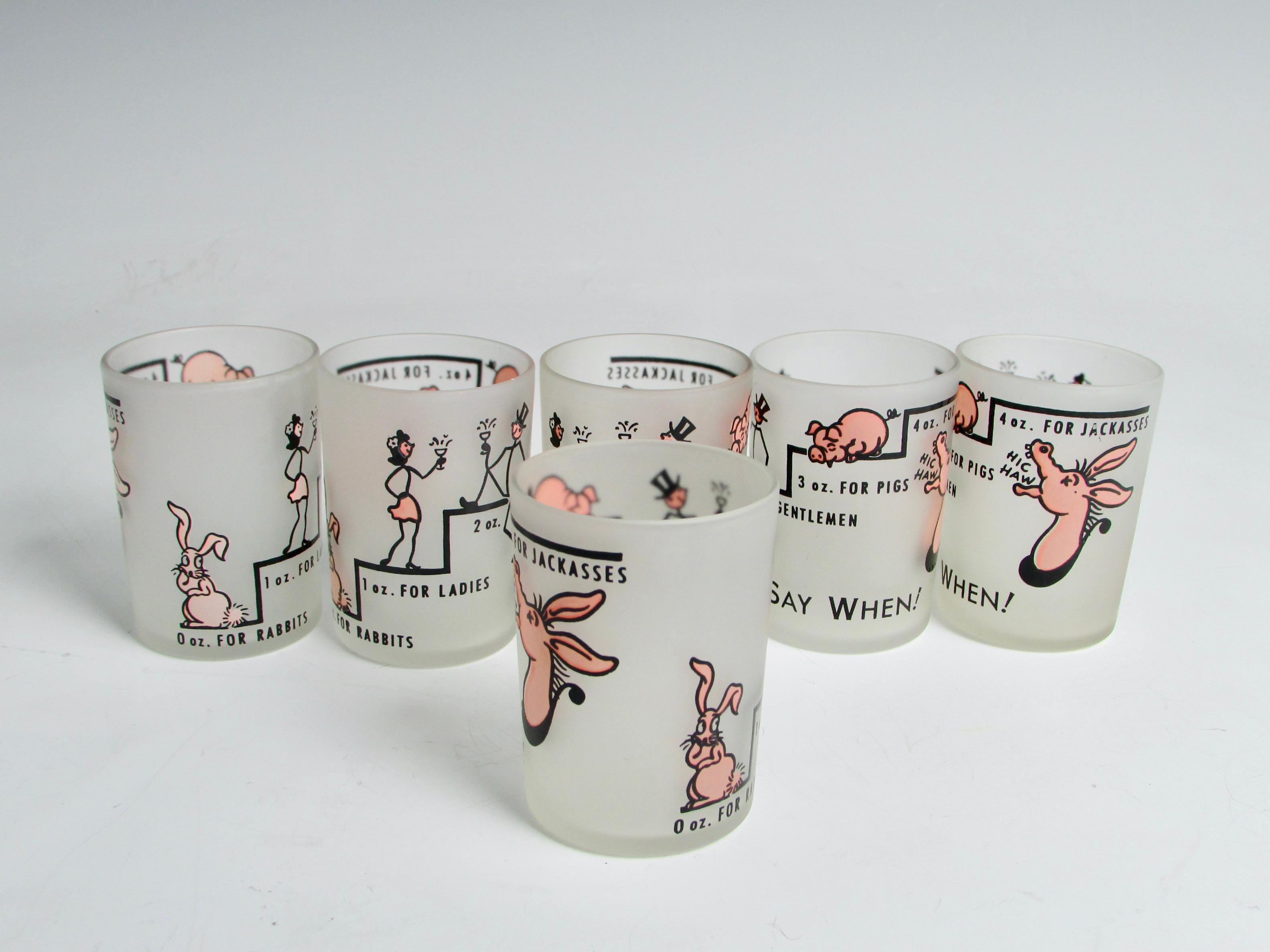 Mid-Century Modern Ensemble de six verres à chaussures ou à cocktail des années 1950 avec graphismes fantaisistes « sau quand » en vente