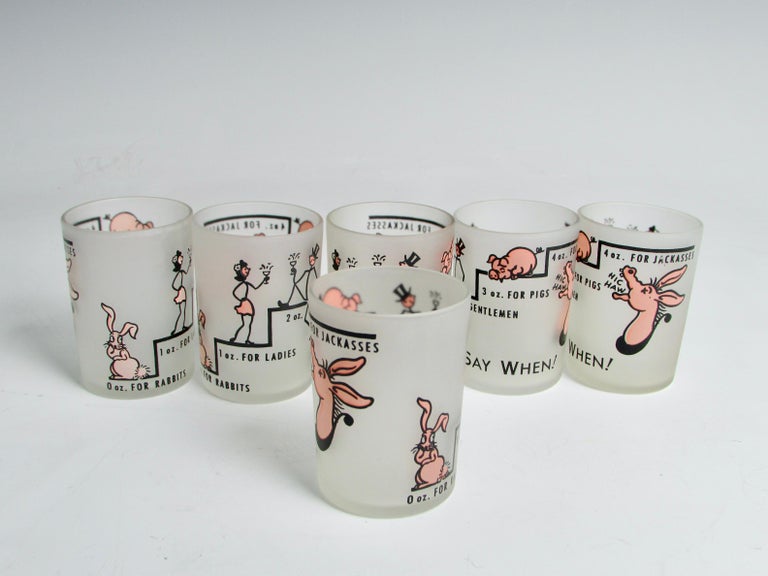 Mid-Century Modern Set of Six 1950s Shot or Cocktail Glasses with Whimsical 