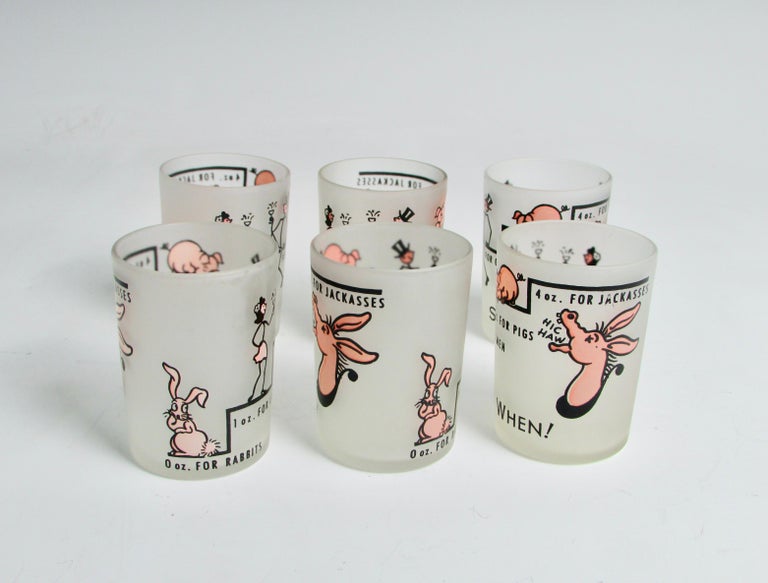 American Set of Six 1950s Shot or Cocktail Glasses with Whimsical 