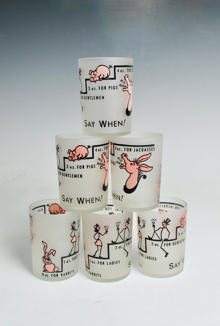 Set of Six 1950s Shot or Cocktail Glasses with Whimsical 