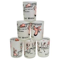 Vintage Set of Six 1950s Shot or Cocktail Glasses with Whimsical "Say When" Graphics