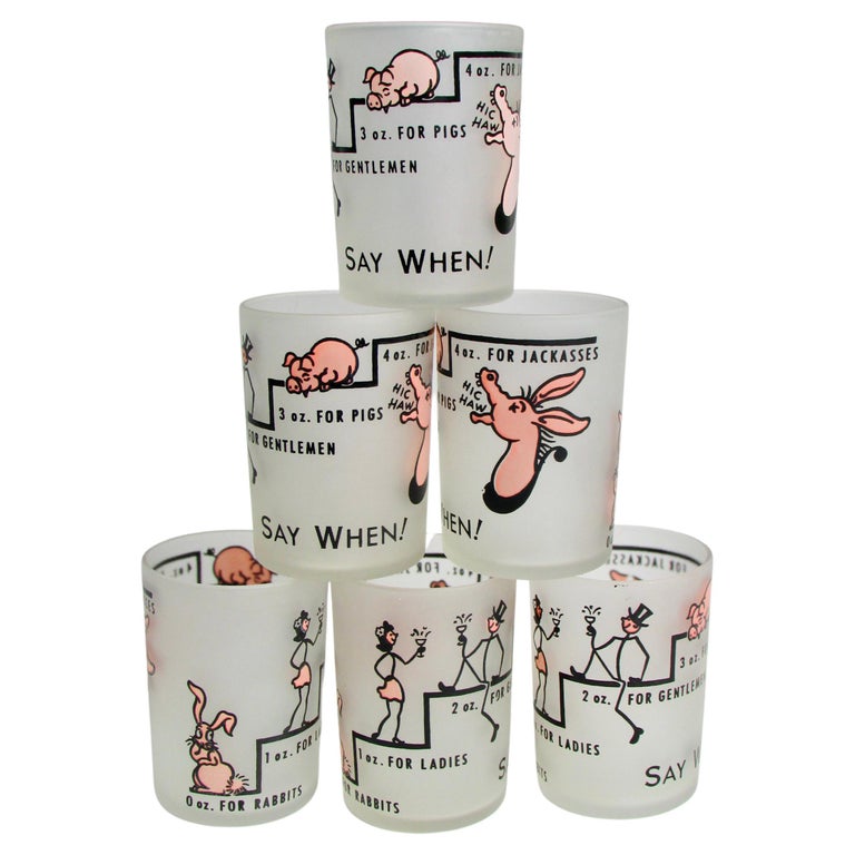 Set of Six 1950s Shot or Cocktail Glasses with Whimsical "Say When" Graphics For Sale