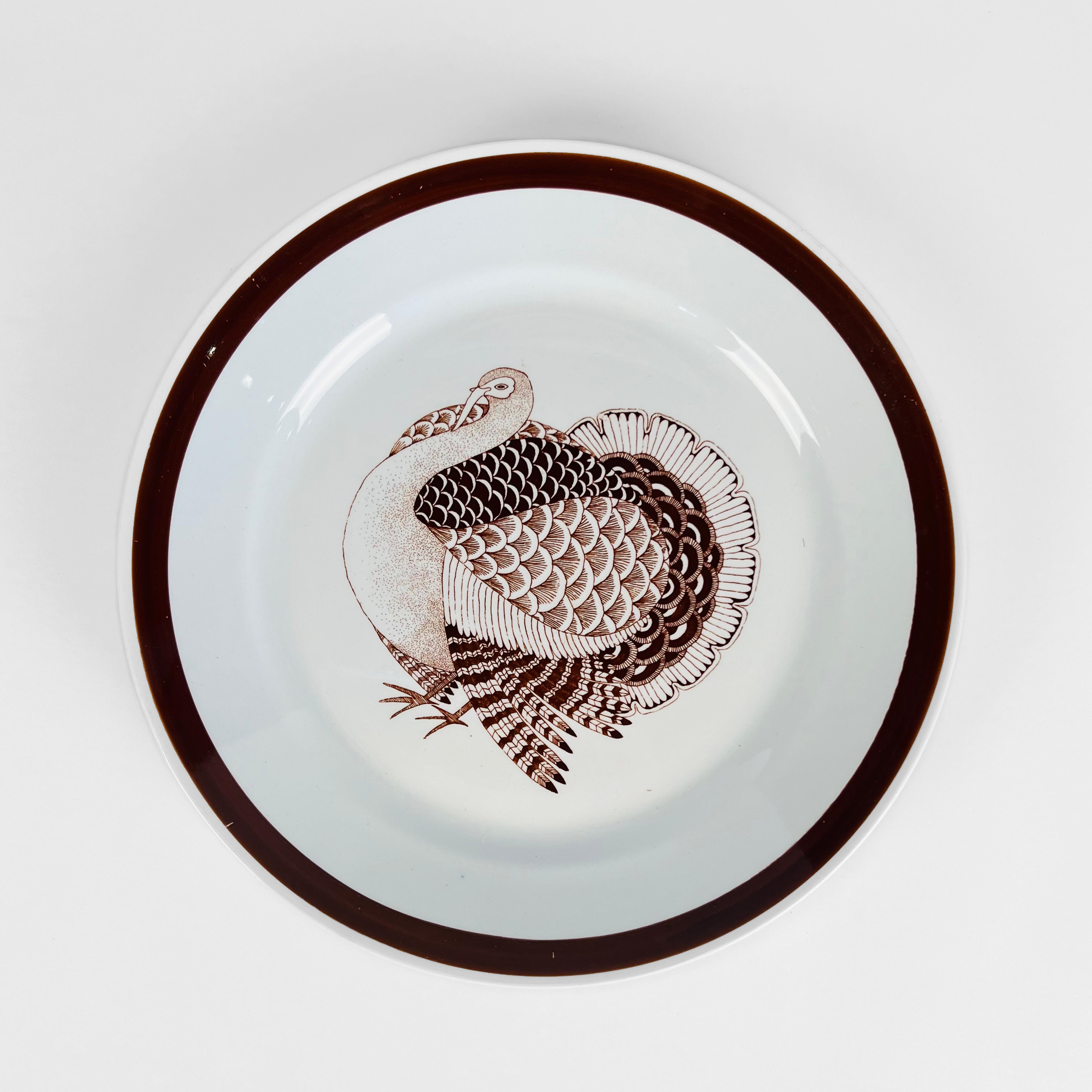 Porcelain Set of Six 1960 Thanksgiving Turkey Dinner Plates. Made by Arabia, Finland. For Sale