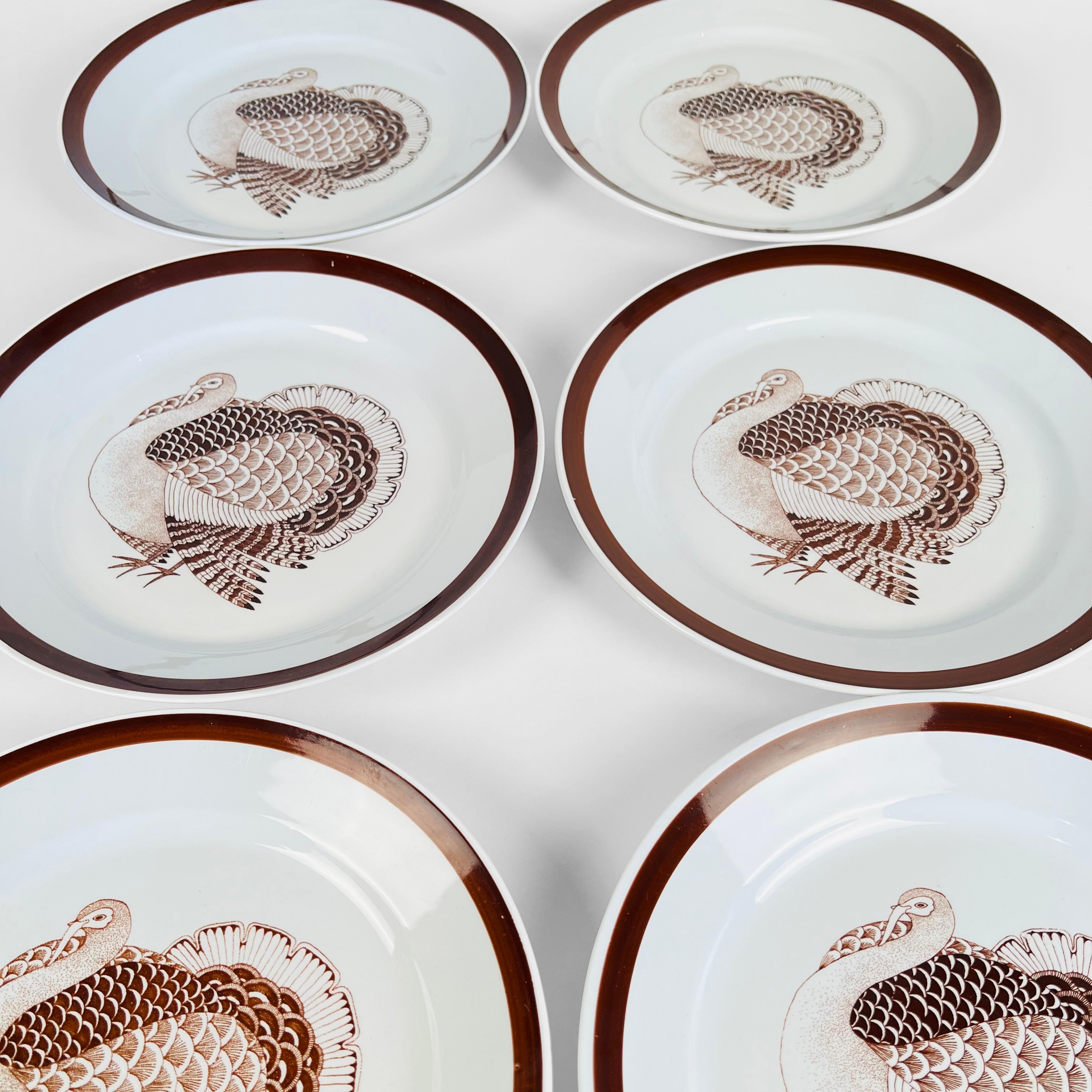 Glazed Set of Six 1960 Thanksgiving Turkey Dinner Plates. Made by Arabia, Finland. For Sale