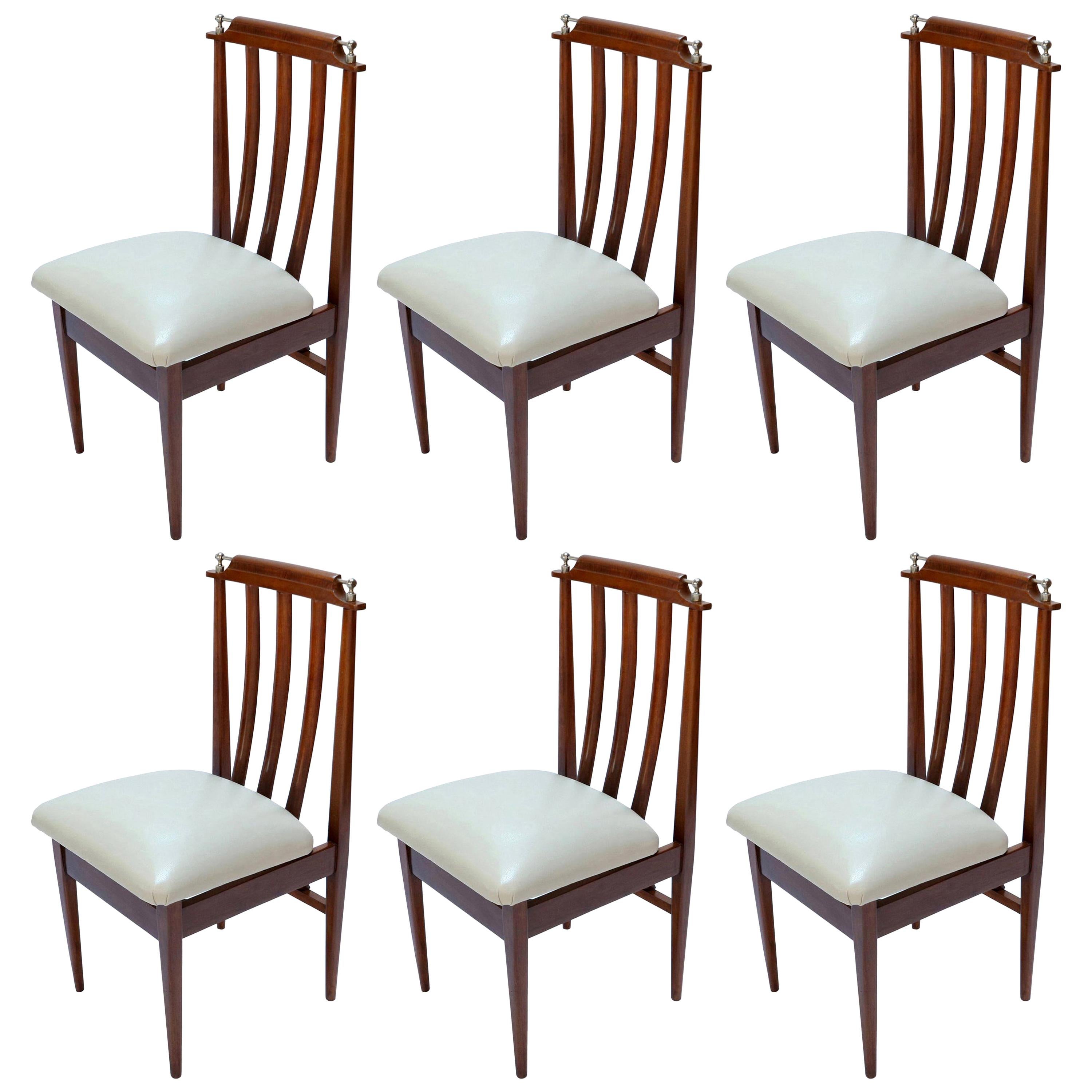 Set of Six 1960s Argentinian Wooden Dining Chairs with Beige and Chrome Details