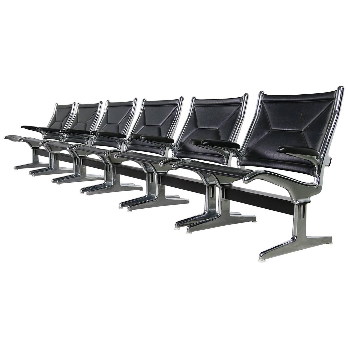Set of Six 1960s Charles Eames Airport Chairs for Herman Miller Black and Chrome