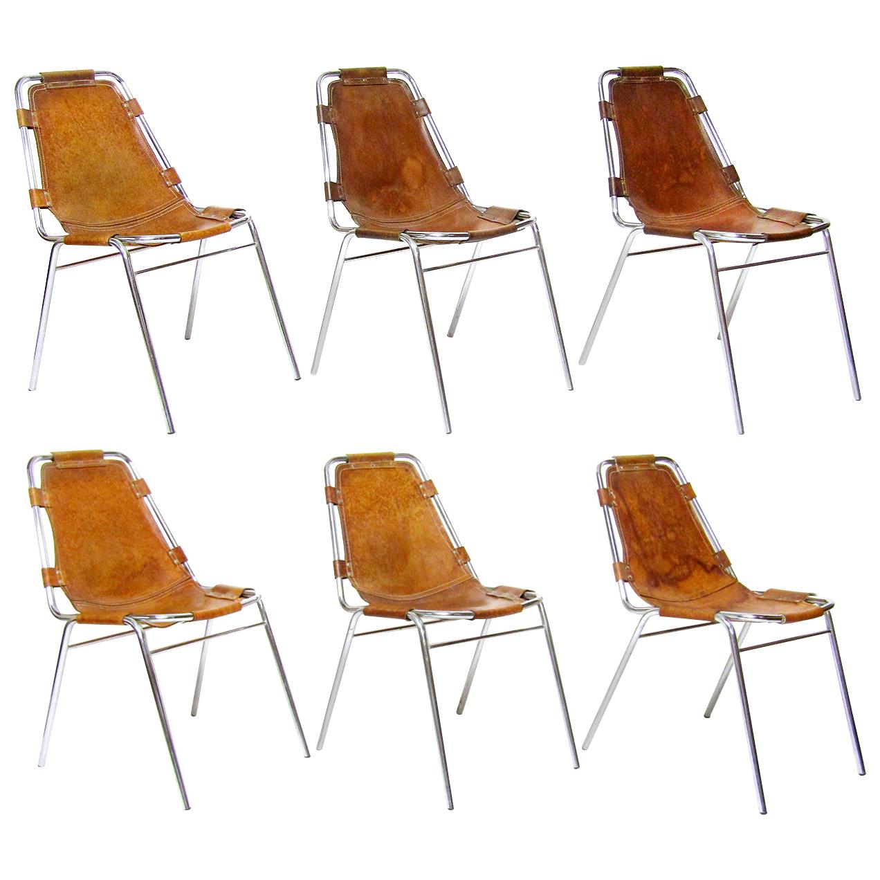 Set of Six 1960s Charlotte Perriand "Les Arcs" Chairs in Leather and Chrome