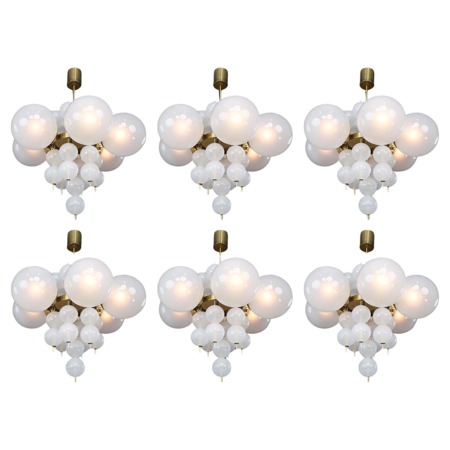 Set of Six 1960s Czech Brass Frosted Glass Globe Chandeliers