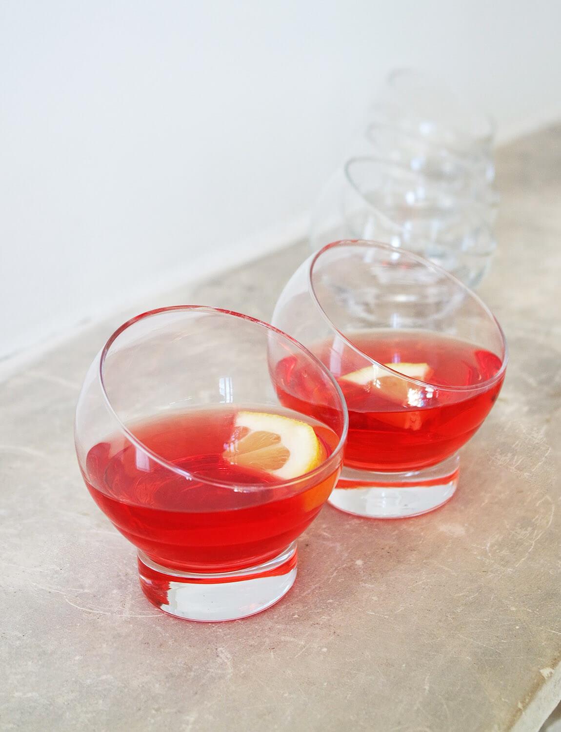 These brilliantly fun 1960s asymmetric spherical glasses were found in a market in Rome. They look fantastic holding bold aperitivi such as Campari or Aperol with big ice cubes.