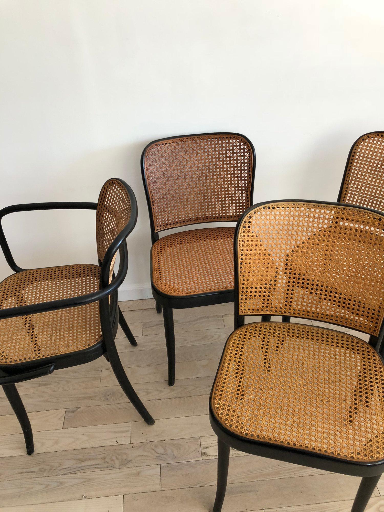 Satz von sechs Josef Hoffmann N.811 Prager Esszimmerstühlen von Thonet mit Rohr, 1960er Jahre, Set 10