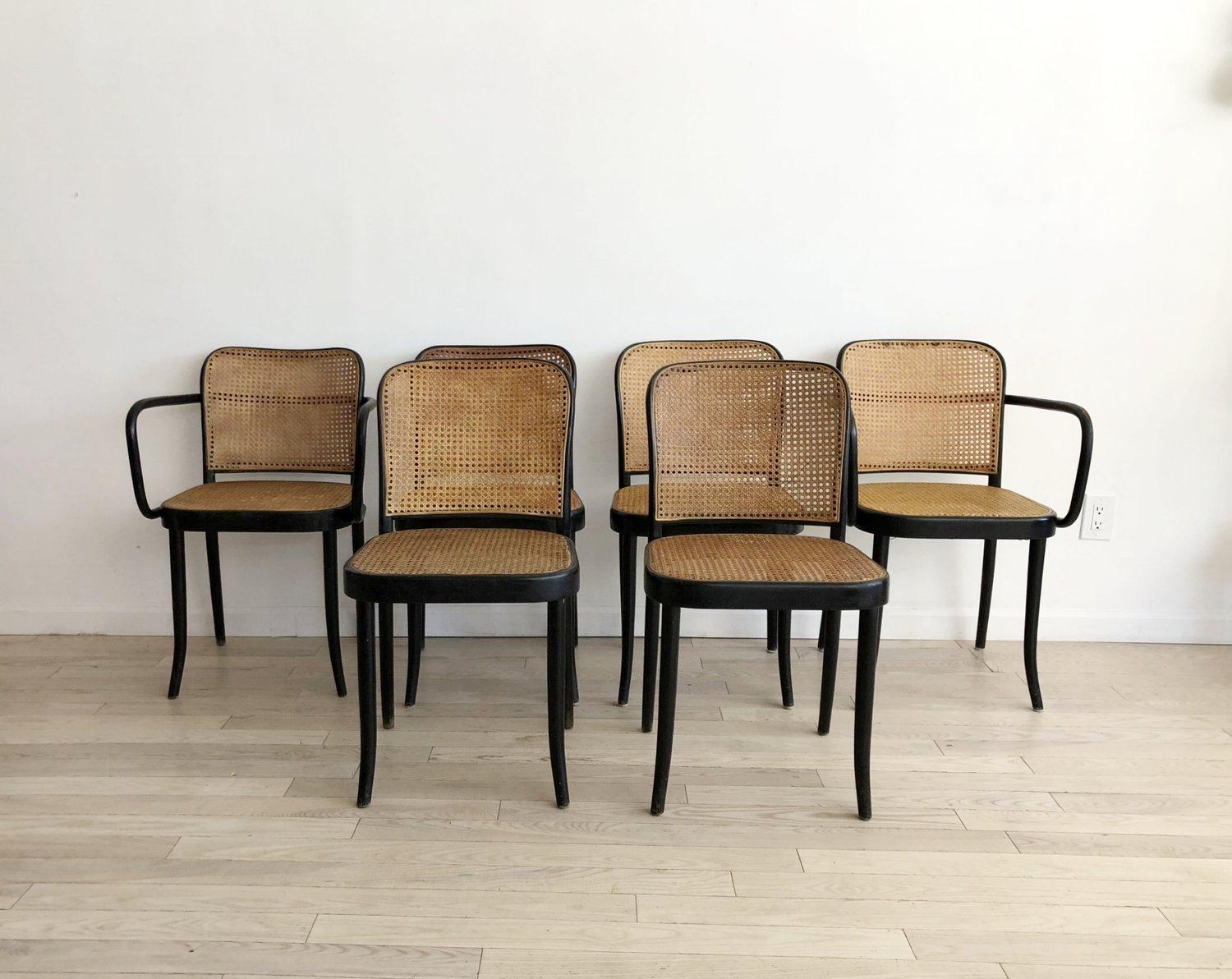 Set of six dining chairs by Josef Hoffmann for Thonet. The set is made of two arm chairs, and four armless. Bent beech wood in black original stain finish. Cane back and seats. Most of the original hand caning has been redone. Imported by Stendig,