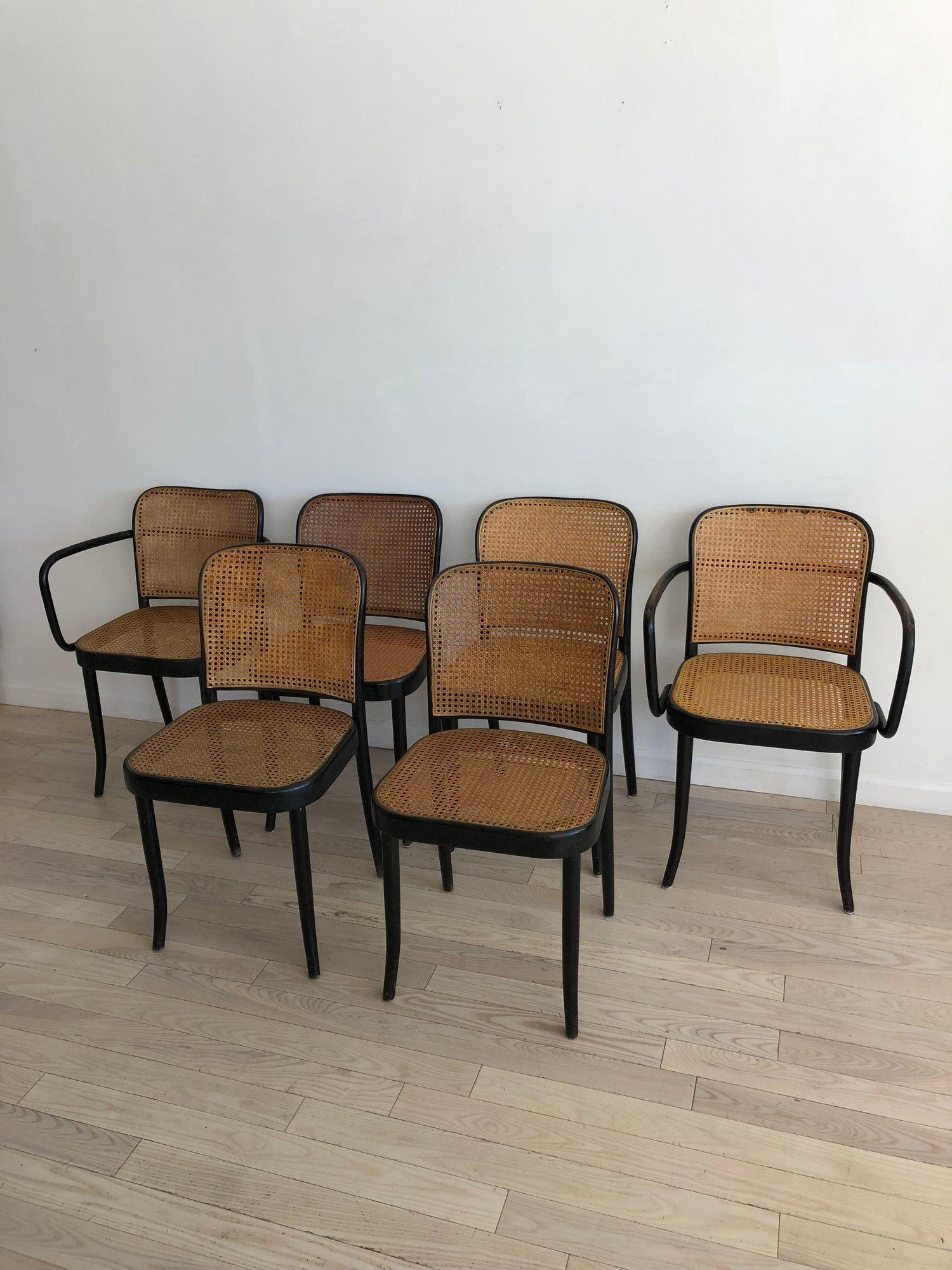 Mid-Century Modern Set of Six 1960s Josef Hoffmann N.811 Prague Dining Chairs by Thonet with Cane