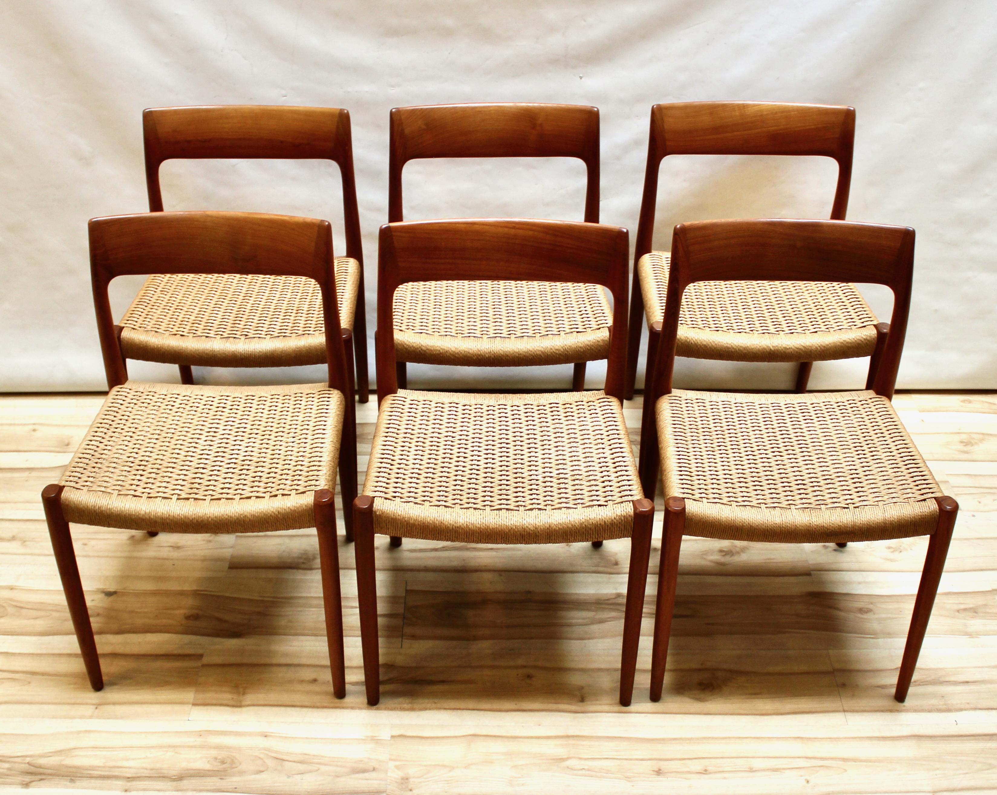 Set of six 1960s Danish Modern teak and cord dining chairs by Niels Moller for J.L. Moller. Made in Denmark, the chairs have elegantly curved backs. In excellent condition with no damage to the seat cord. Marked with J.L. Moller and Danish Control