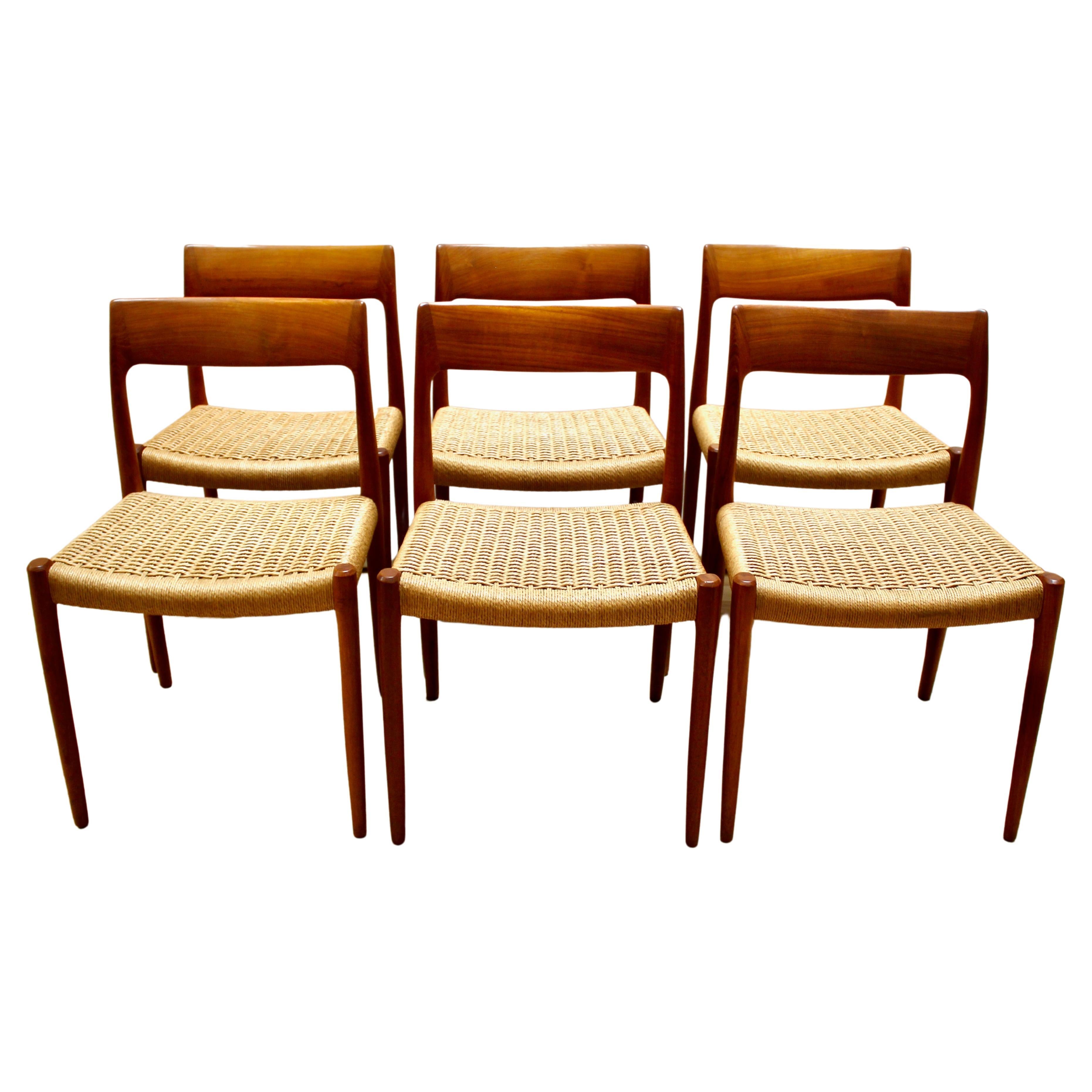 Set of Six 1960s Niels Moller Model 77 Teak and Cord Dining Chairs