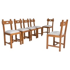 Set Of Six 1970s Belgian Oak Dining Chairs With Upholstered Seat
