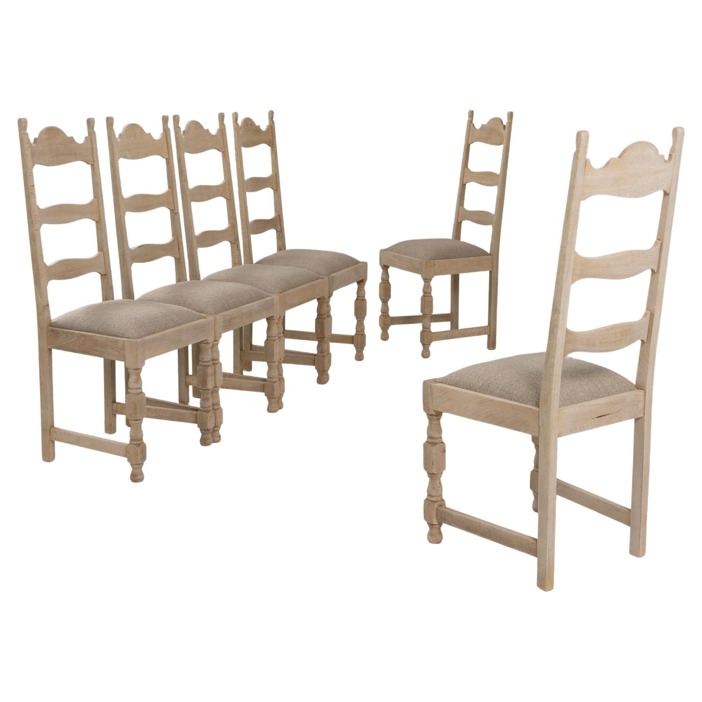 Set Of Six 1970s Belgian Oak Dining Chairs With Upholstered Seats