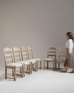 Set of Six 1970s French Beige Oak Dining Chairs with Upholstered Seats