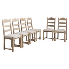 Set of Six 1970s French Beige Oak Dining Chairs with Upholstered Seats