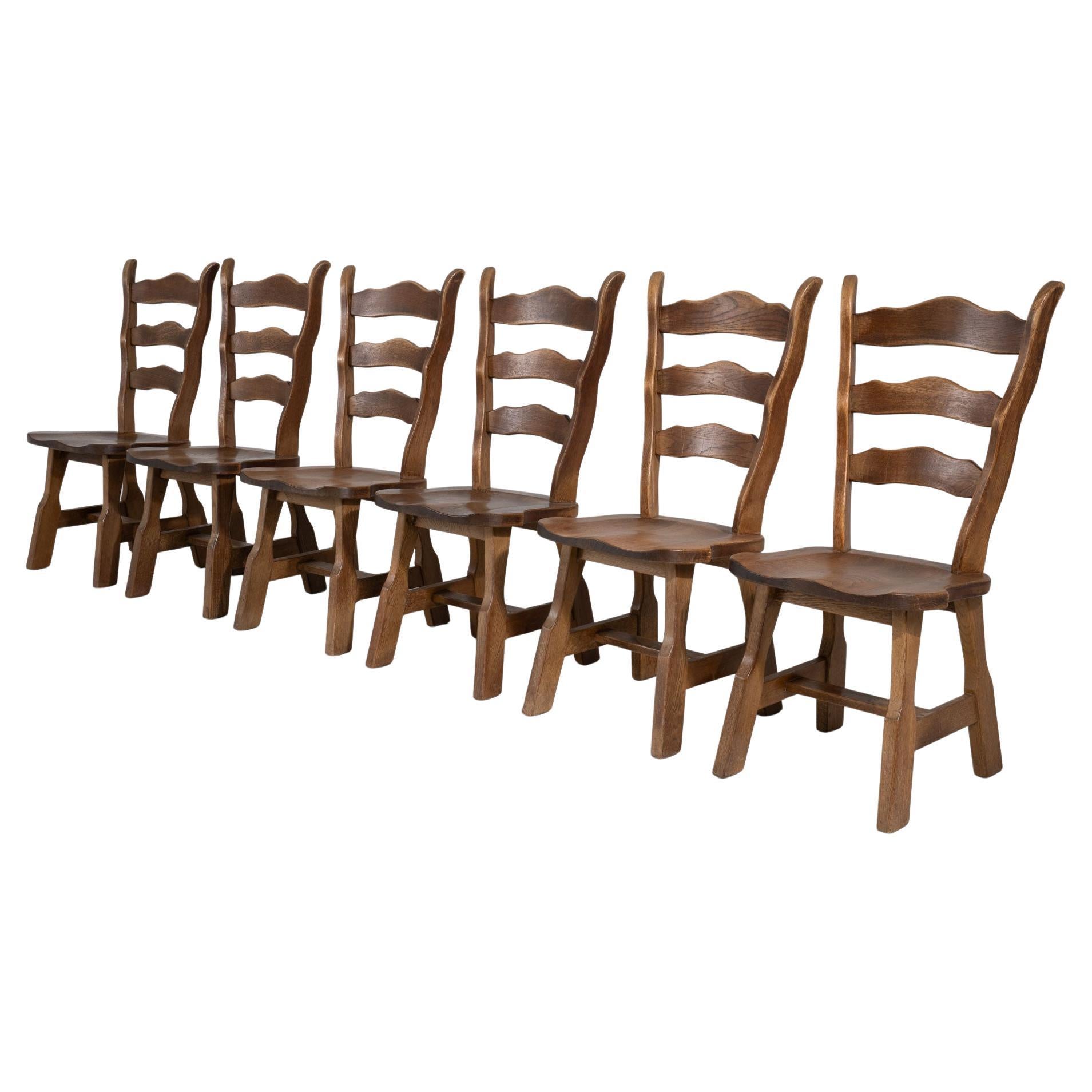 Set Of Six 1970s French Brutalist Oak Dining Chairs