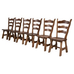 Set Of Six 1970s French Brutalist Oak Dining Chairs