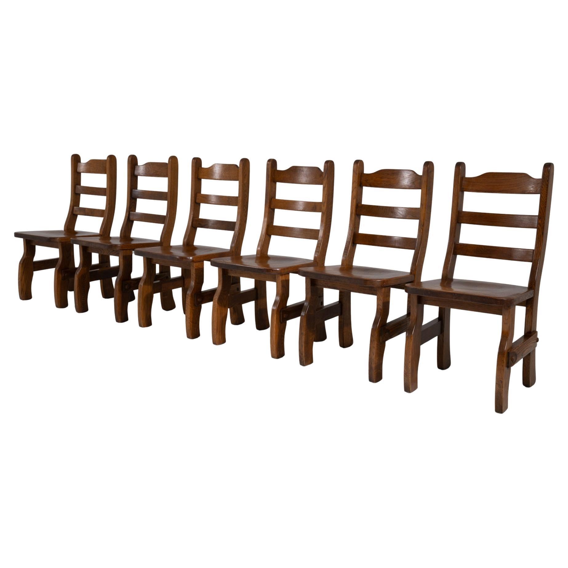 Set Of Six 1970s French Brutalist Oak Dining Chairs