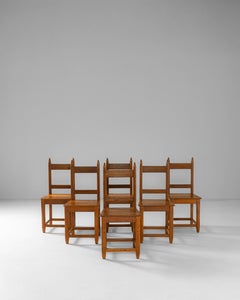 Set of Six 1970s French Brutalist Oak Dining Chairs In Original Patina