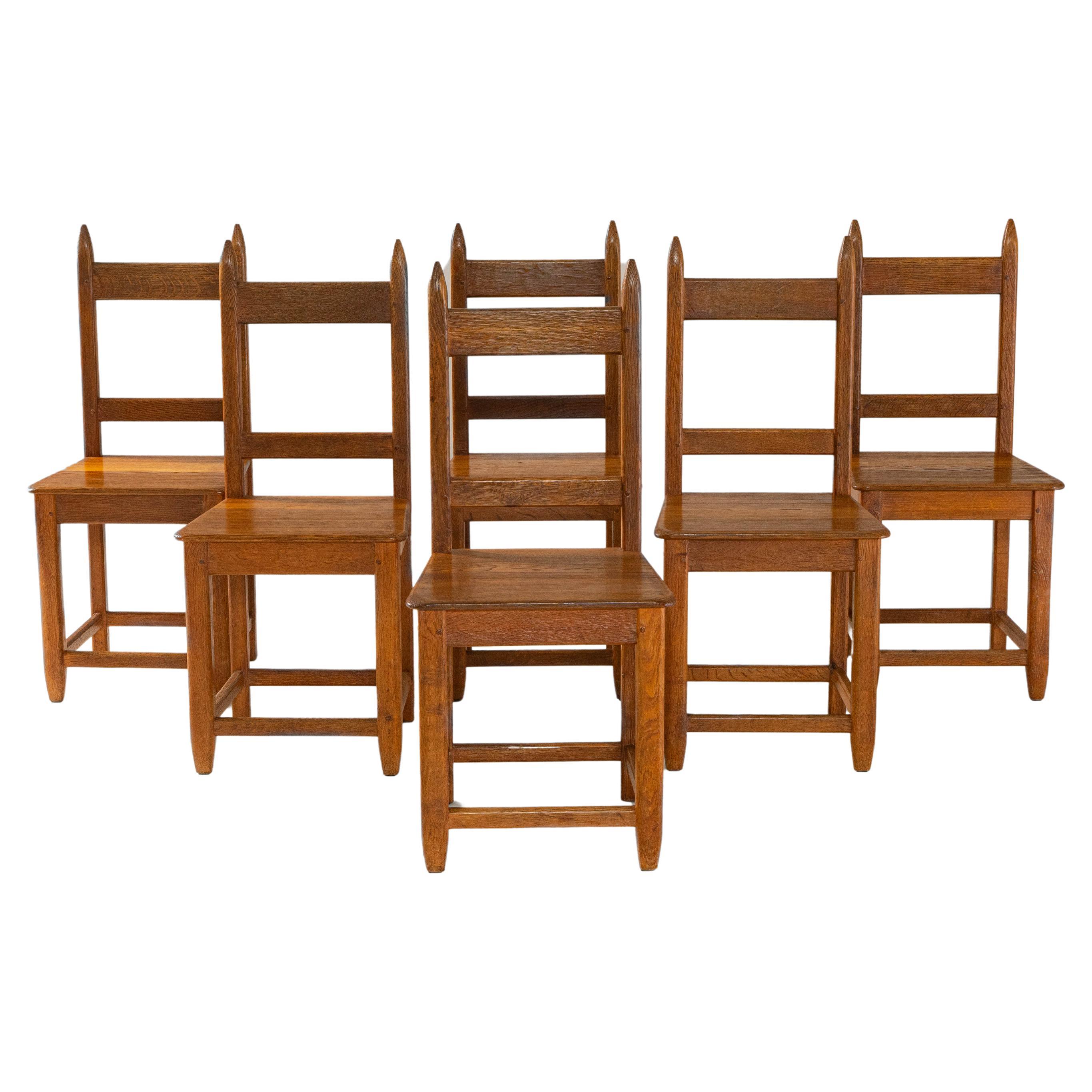Set of Six 1970s French Brutalist Oak Dining Chairs In Original Patina