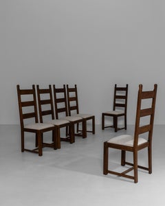 Set Of Six 1970s French Oak Brutalist Dining Chairs With Upholstered Seats