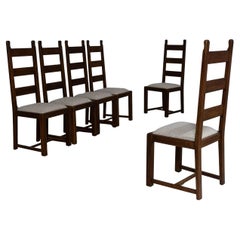 Set Of Six 1970s French Oak Brutalist Dining Chairs With Upholstered Seats